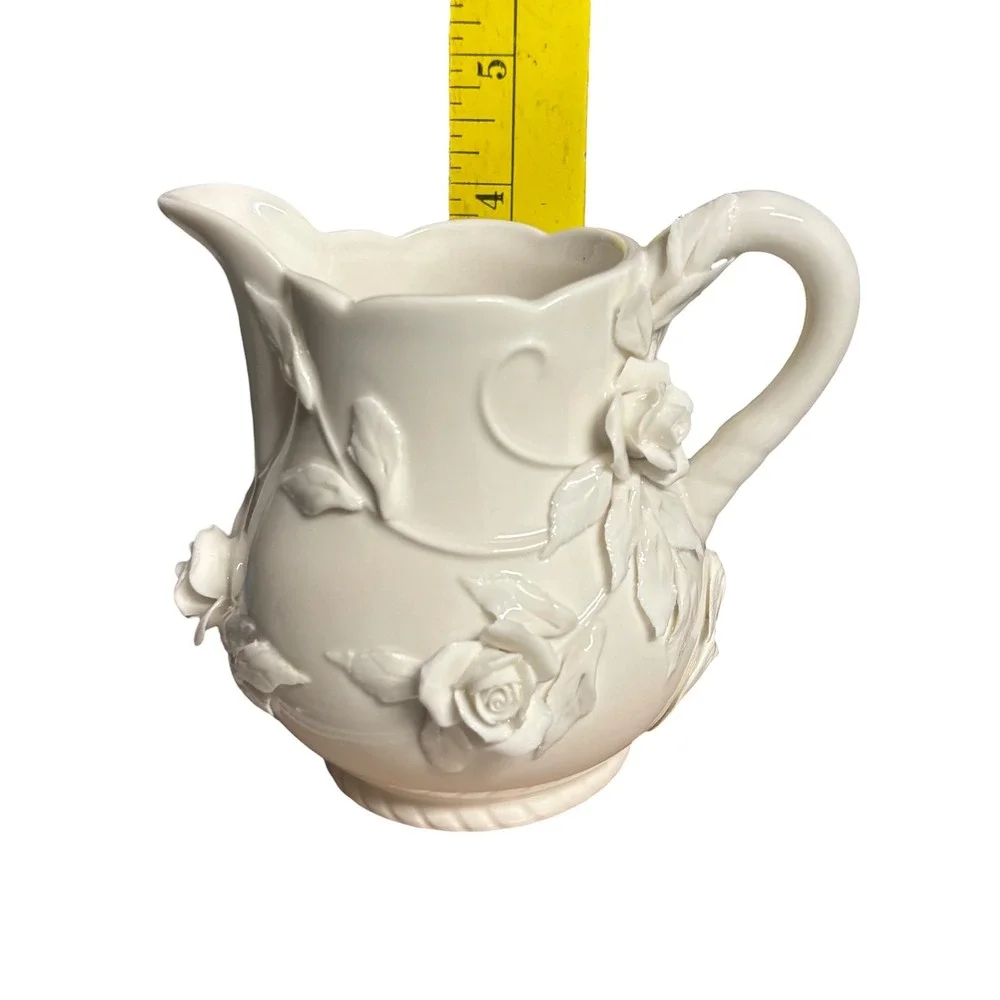 Godinger Antique Reflections Cream Ceramic Rose Pitcher 3D Floral Victorian Shab